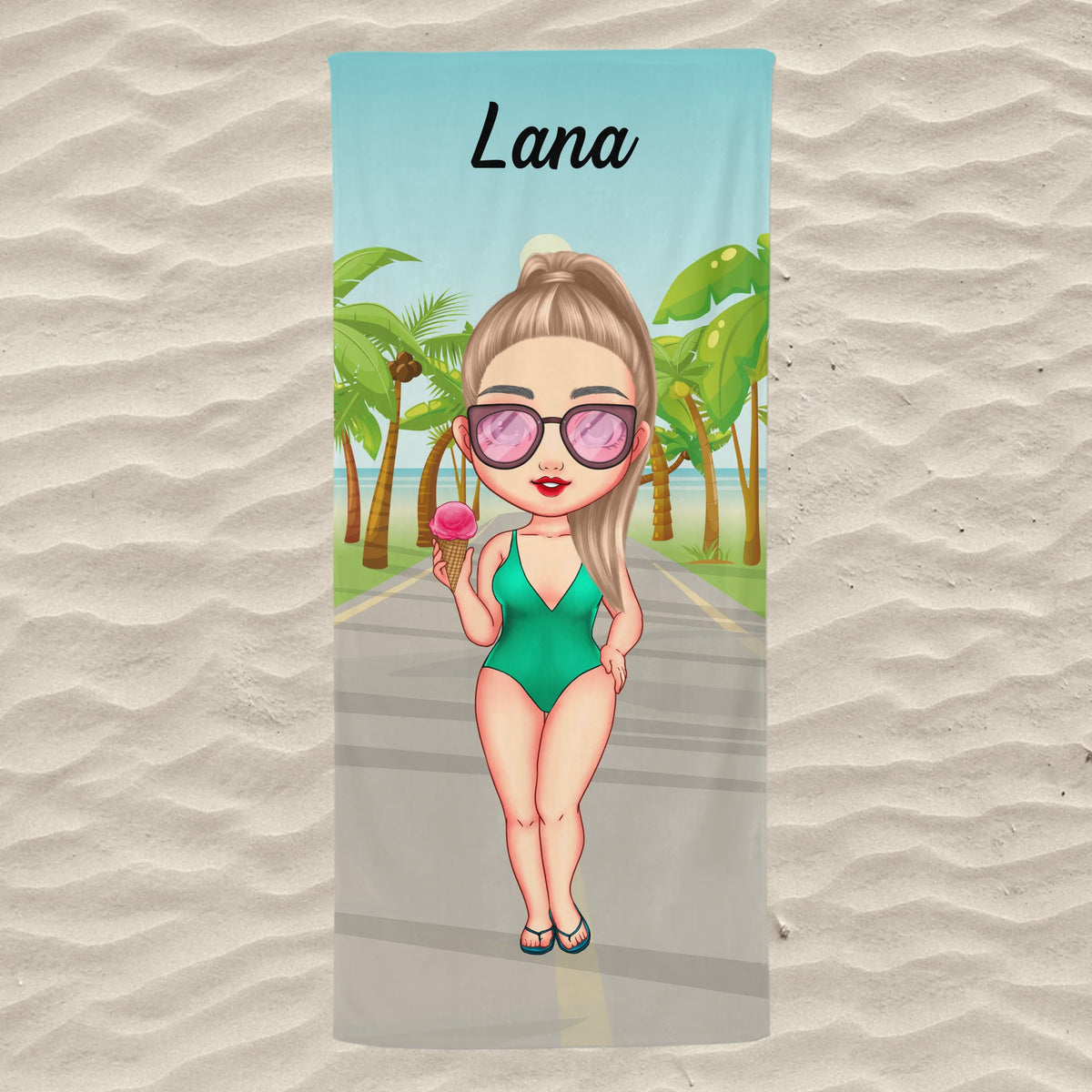 Unikatan ručnik za plažu s chibi djevojkom - na plaži