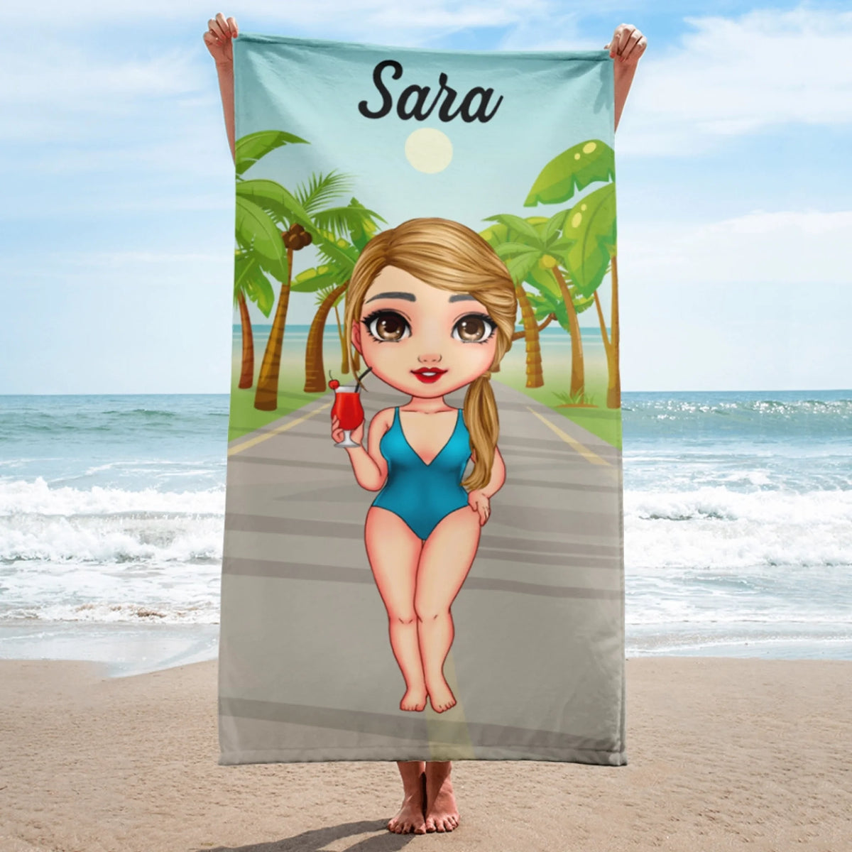 Unikatan ručnik za plažu s chibi djevojkom - na plaži1