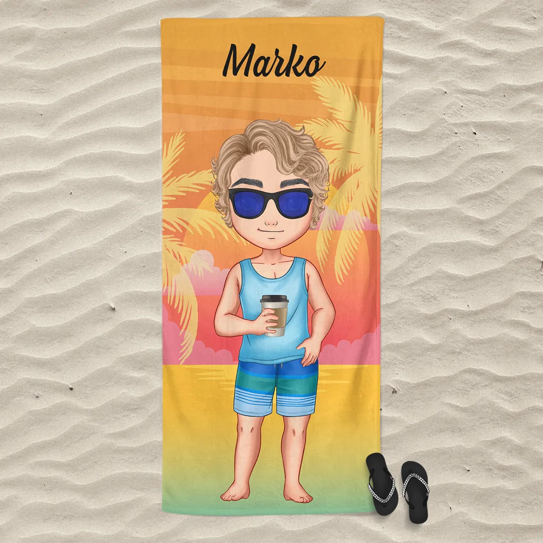 Unikatan ručnik za plažu s chibi dječakom – na plaži