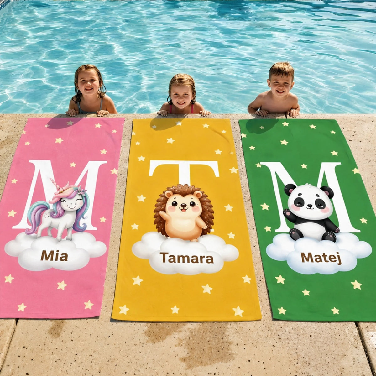 Personalizirani ručnik za plažu za djecu s imenom - slatke životinje