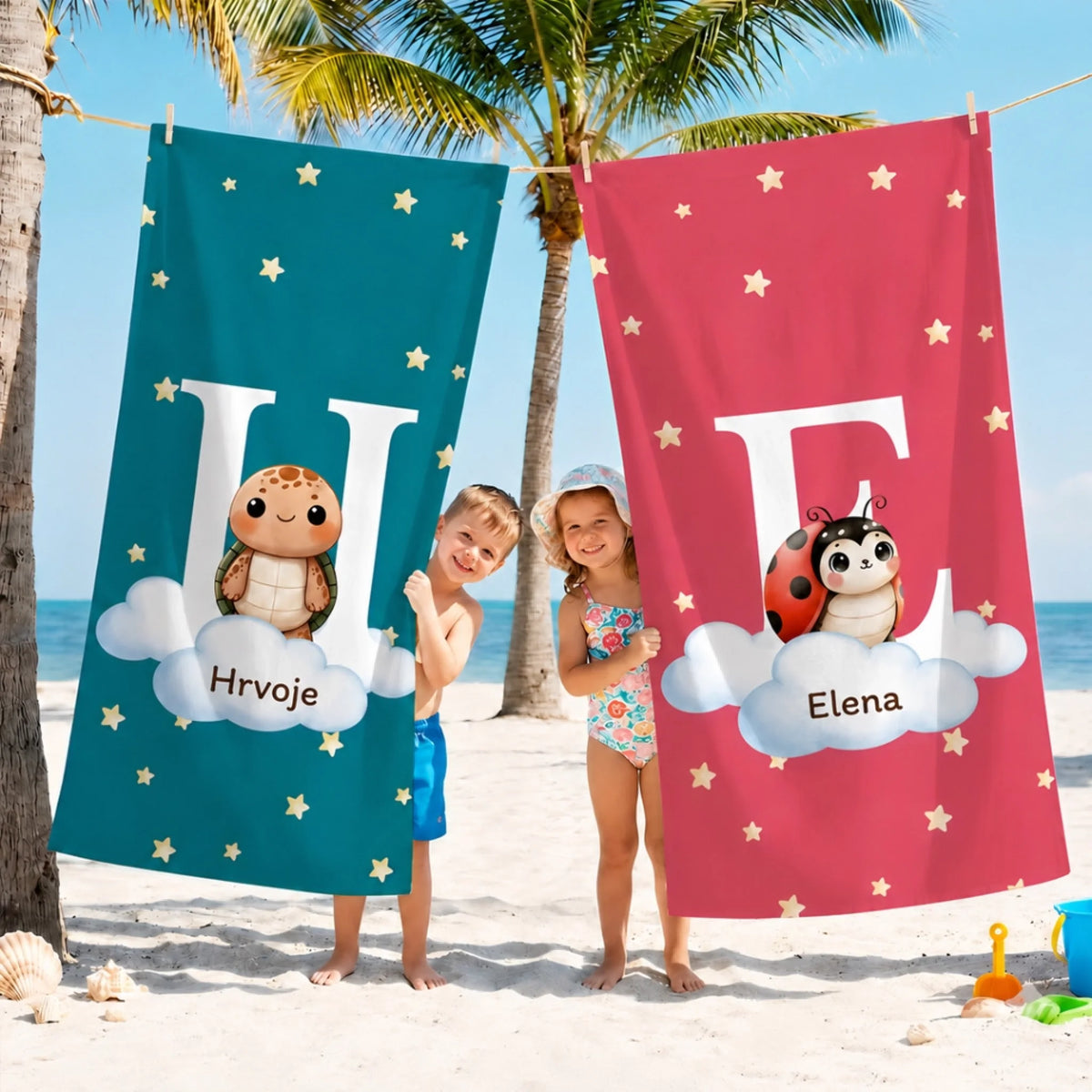 Personalizirani ručnik za plažu za djecu s imenom - slatke životinje2