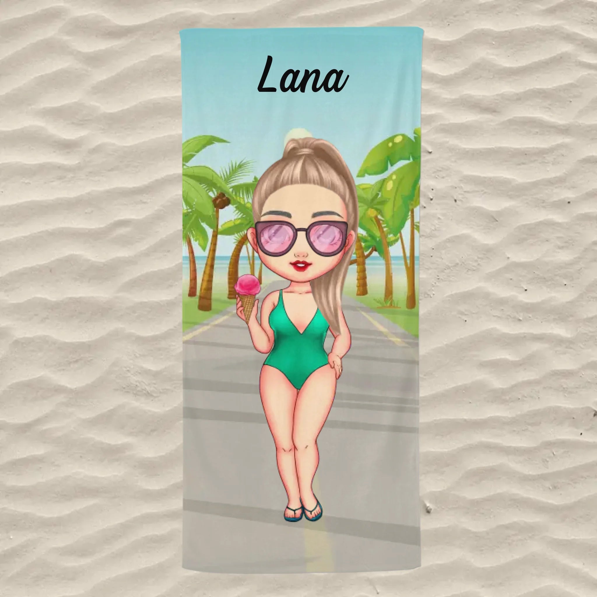 Unikatan ručnik za plažu s chibi djevojkom - na plaži